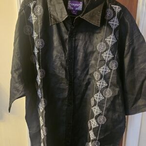 Black Men's Button-Up Linen Shirt with White Embroidery 3XL